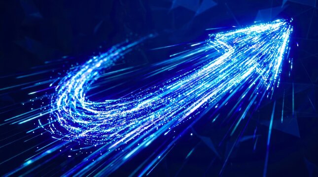 Vibrant blue light trails form a dynamic arrow