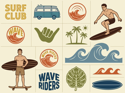 Vintage Surfing Icon Set with Waves, Camper Van, and Surfers