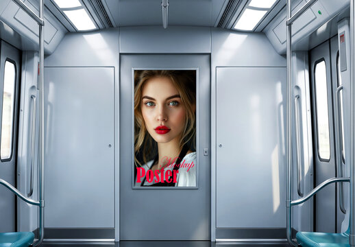 Vertical poster mockup inside subway train car interior