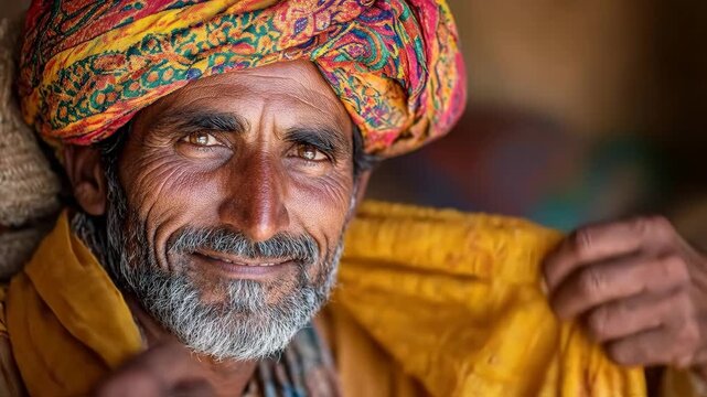 A smiling man in a colorful turban captures heartfelt joy.