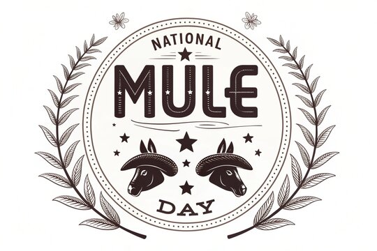 National mule day emblem featuring two stylized donkey heads wearing hats inside a circular frame with floral laurel branches and stars in a clean vintage vector graphic design art style
