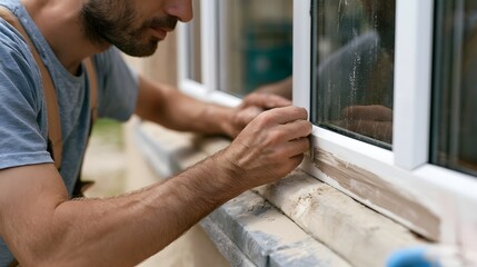 Obraz premium A man carefully applying caulk to a white window frame while working on an exterior wall surface