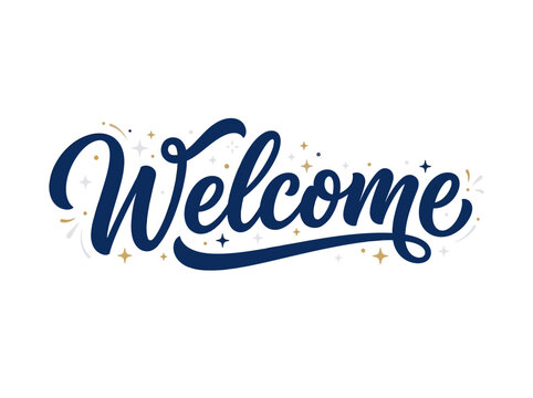 Elegant handwritten welcome lettering with decorative stars and swirls, perfect for greetings, invitations, and signage, conveying warmth and hospitality