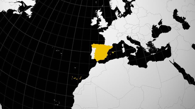 Spain map. Animated zoom into the country on the Globe in Black White color palette. Country logo animation. Map with meridians, parallels. Appealing video.