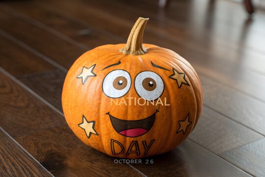 Bright orange pumpkin featuring a cute cartoon face with big brown eyes and a happy smile surrounded by drawn stars sitting on a dark polished wooden floor for holiday celebrations.
