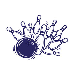 Fototapeta premium A dark blue of a bowling ball striking and scattering ten pins on at-shirt poster white background, capturing the dynamic motion of a strike in a game of ten-pin bowling, isolated
