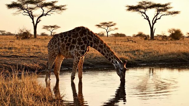 A majestic wild giraffe cautiously lowers its long neck downward to drink refreshing water from a serene pond in the vast open African savanna plains during the peaceful golden sunset evening