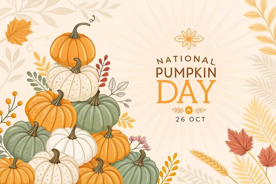 Decorative pile of various colorful pumpkins arranged artistically for national pumpkin day celebration featuring vibrant orange and muted green tones with elegant autumn leaves surrounding the festiv