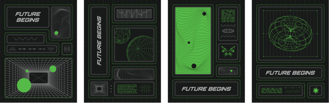 Futuristic green cyberpunk poster set with user interface HUD layout elements vector