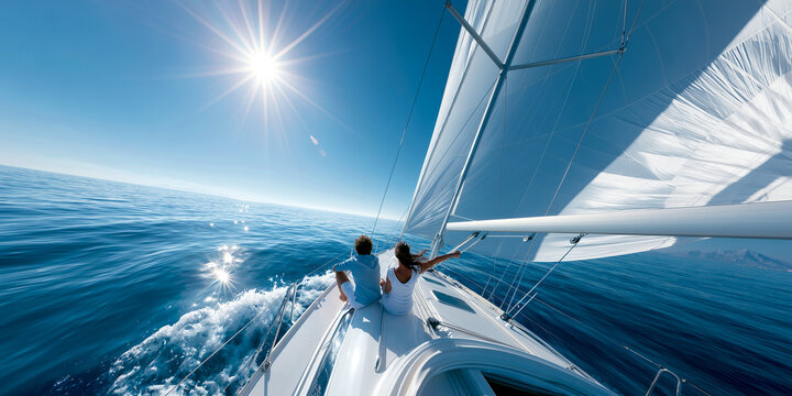 Two people seen from behind sitting on sailboat deck on sunny day