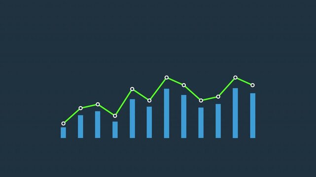 Growing business graph with rising bars and line chart showing progress and success over time.