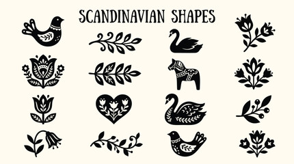 Collection of traditional Scandinavian folk art shapes and motifs including birds flowers swans and a horse © Amirul