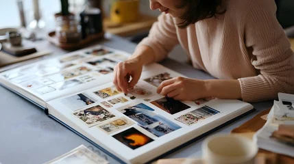 A person carefully arranging vintage style photographs into a scrapbook on a wooden table © Bussakon