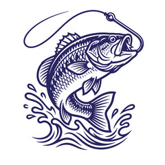 Fototapeta premium A dark blue of a large fish jumping out of water, hooked on a fishing line, isolated on a white background, representing sport fishing, angling, and outdoor recreational t-shirt poster