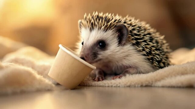 A cute hedgehog exploring a tiny cup in a cozy setting.
