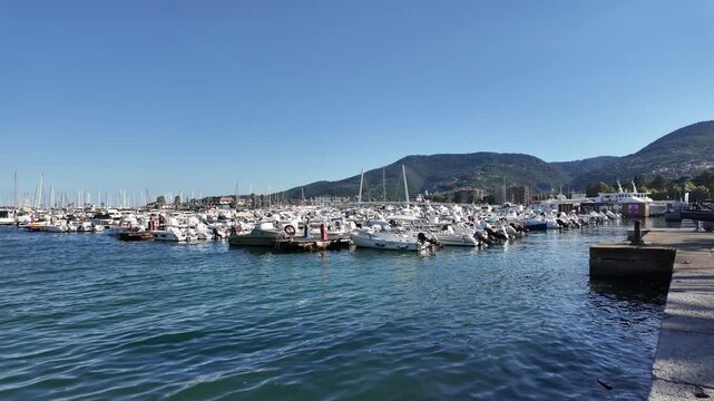 Reveal Shot of Marina Boats Near Thaon di Revel Bridge in La Spezia, Liguria, Italy