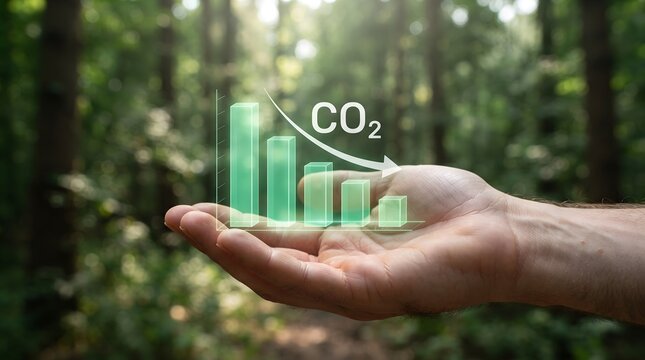 Human hand presenting a glowing digital hologram of declining CO2 emission levels against a sunlit woodland backdrop for carbon neutral environmental concept