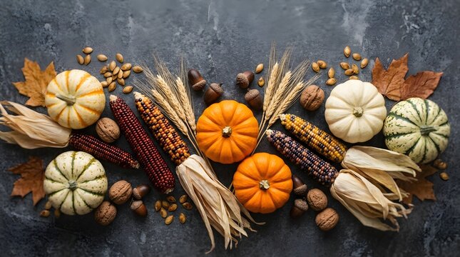 Happy thanksgivings day festive autumn harvest still life with pumpkins corn and nuts for holiday celebrations