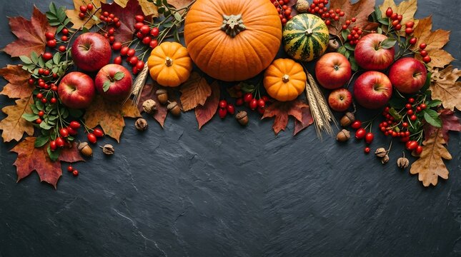 Happy thanksgivings day festive autumn harvest with pumpkins apples and fall leaves thanksgiving decor