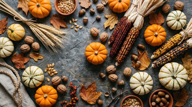 Happy thanksgivings day festive autumn harvest still life with pumpkins corn and nuts for holiday celebrations