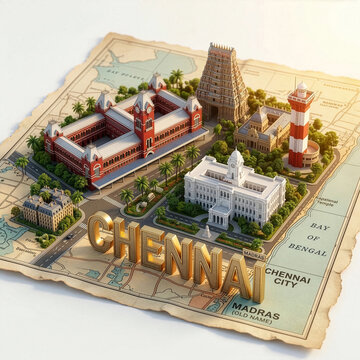 3D isometric map illustration of Chennai, Tamil Nadu, India