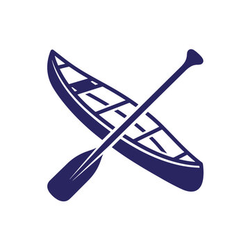 Canoe boat with a wooden paddle crossed over it, on at-shirt poster white background, water sports and outdoor recreation theme, dark blue ink style for travel and adventure branding