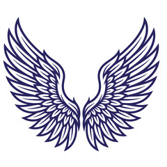 Fototapeta premium Pair of symmetrical angel wings in dark blue outline style t-shirt poster isolated on a white background, for projects and tattoos