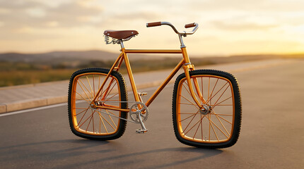 Fototapeta premium Surreal innovative golden bicycle with square wheels on a paved road at sunset soaring design