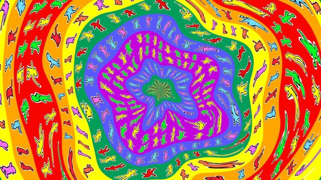 Kaleidoscopic abstract background of rainbow wave circles. Seamless hypnotic psychedelic animation a geometric backdrop with cartoon dancing figures