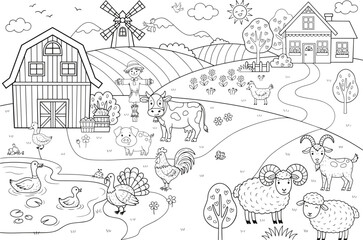Obraz premium Farm landscape coloring page with animals, barn, and windmill