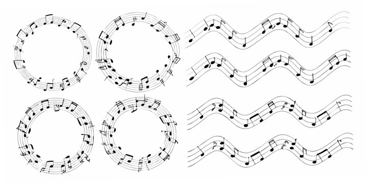 Musical notes and staff arranged in circular and wavy patterns black and white