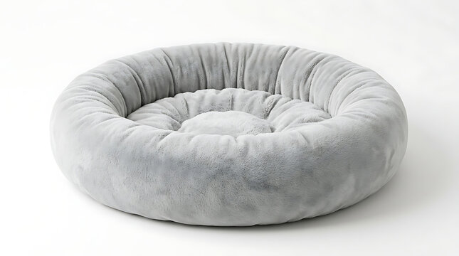 Comfortable Round Grey Plush Pet Bed For Cats and Dogs Cushion On White Background