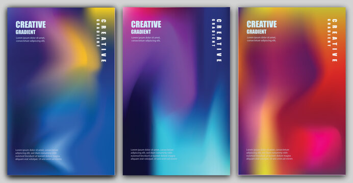 Set of three vertical gradient flyer design templates featuring vibrant abstract fluid gradient backgrounds with modern typography layouts