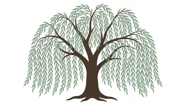 Weeping Willow Tree Illustration with Green Foliage Isolated on White Background