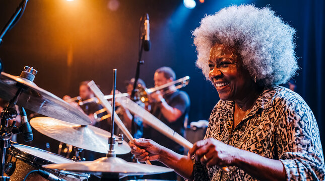 senior black woman drummer jazz musician performance stage concert smiling plays a drum kit with a brass band under colorful lights expressing joyful creativity and lifelong talent for music promotion