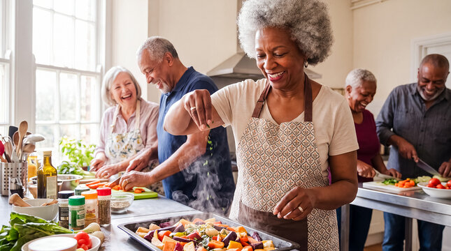 senior black woman cooking friends kitchen healthy food community retirement seasons vegetables while a group prepares a meal expressing friendship nutrition and active aging for wellness campaigns