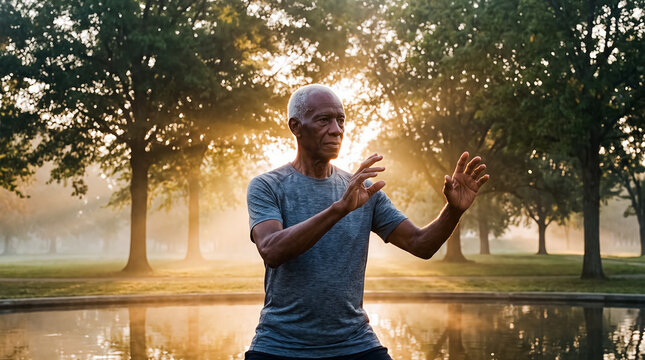 senior black man taichi exercise park sunrise wellness balance mindfulness practices meditative movements beside calm water and trees expressing healthy aging focus and mobility for wellness campaigns