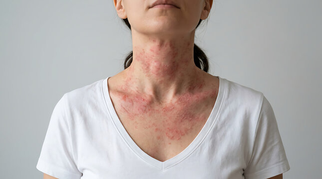 Close up of a Woman Experiencing Severe Red Skin Rash Inflammation on Her Neck and Chest Area