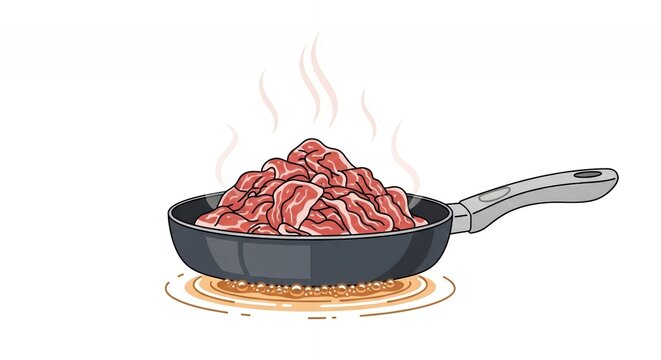 Sliced Meat Frying in a Skillet Pan Vector Illustration Isolated on White