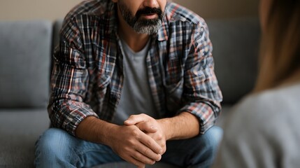 Obraz premium A man with a beard sits on a couch facing another person during what appears to be a serious conversation