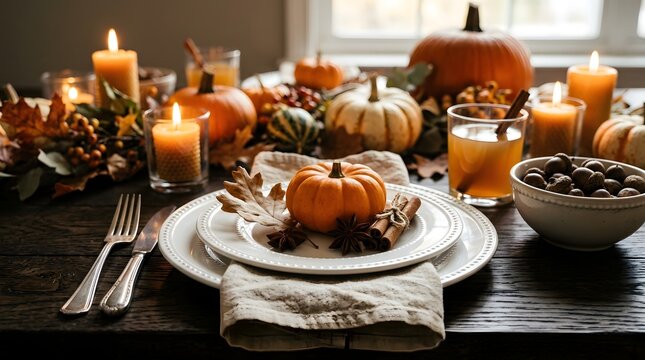 Warm happy thanksgivings day table setting with pumpkins candles and autumn decor for festive celebrations