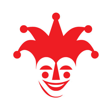 Red Joker Face Vector Icon, Minimalist Jester Mask Logo, Flat Clowns Design Element Isolated on White Background