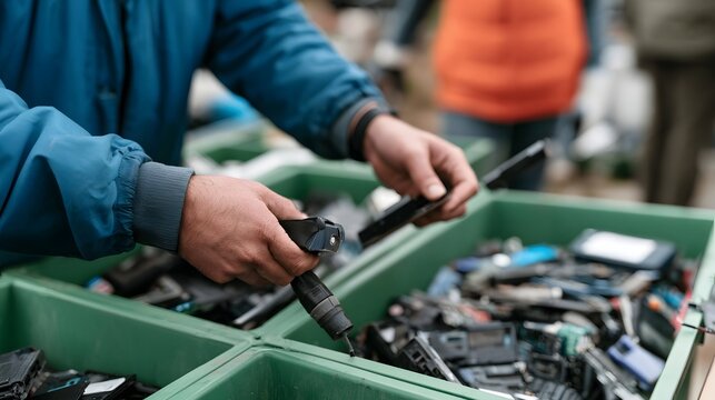 A person handling discarded electronic devices in green recycling bins at an outdoor collection site