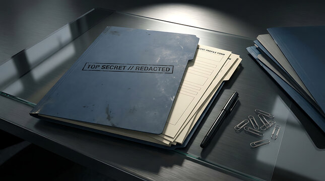 Open dossier file folder displaying blank suspect profile sheet templates on desk