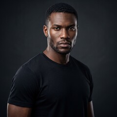 Fototapeta premium Serious young Black man in 20s looking at camera indoors against a dark gray studio background wearing a casual black t shirt with confident expression