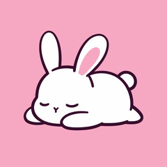 Fototapeta premium Cute Sleeping Bunny Vector Illustration, Minimalist White Rabbit Mascot Icon, Kawaii Chibi Animal Character Clipart on Pastel Pink Background