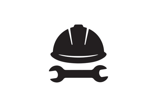 Industrial safety helmet and wrench icon, black silhouette construction hard hat with tool, professional engineering and repair service vector logo