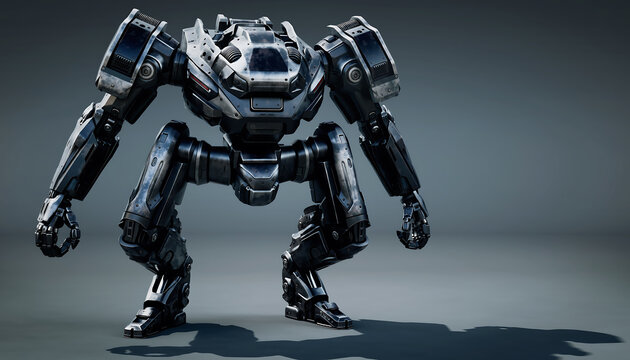 Futuristic heavy combat mech robot with metallic armor standing isolated on a grey background