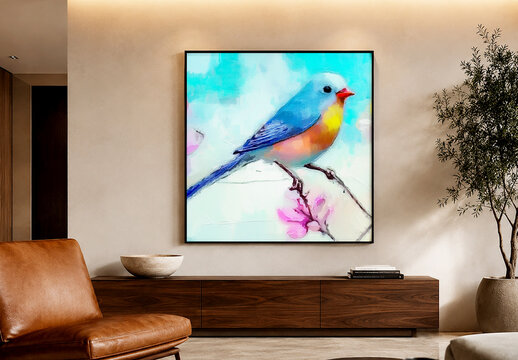 Framed Bird Art Painting Mockup in Minimalist Living Room