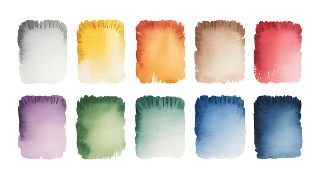 Set of ten colorful watercolor rectangle paint swatches with soft textured edges for artistic design projects and creative backgrounds in various bright shades isolated on transparent background